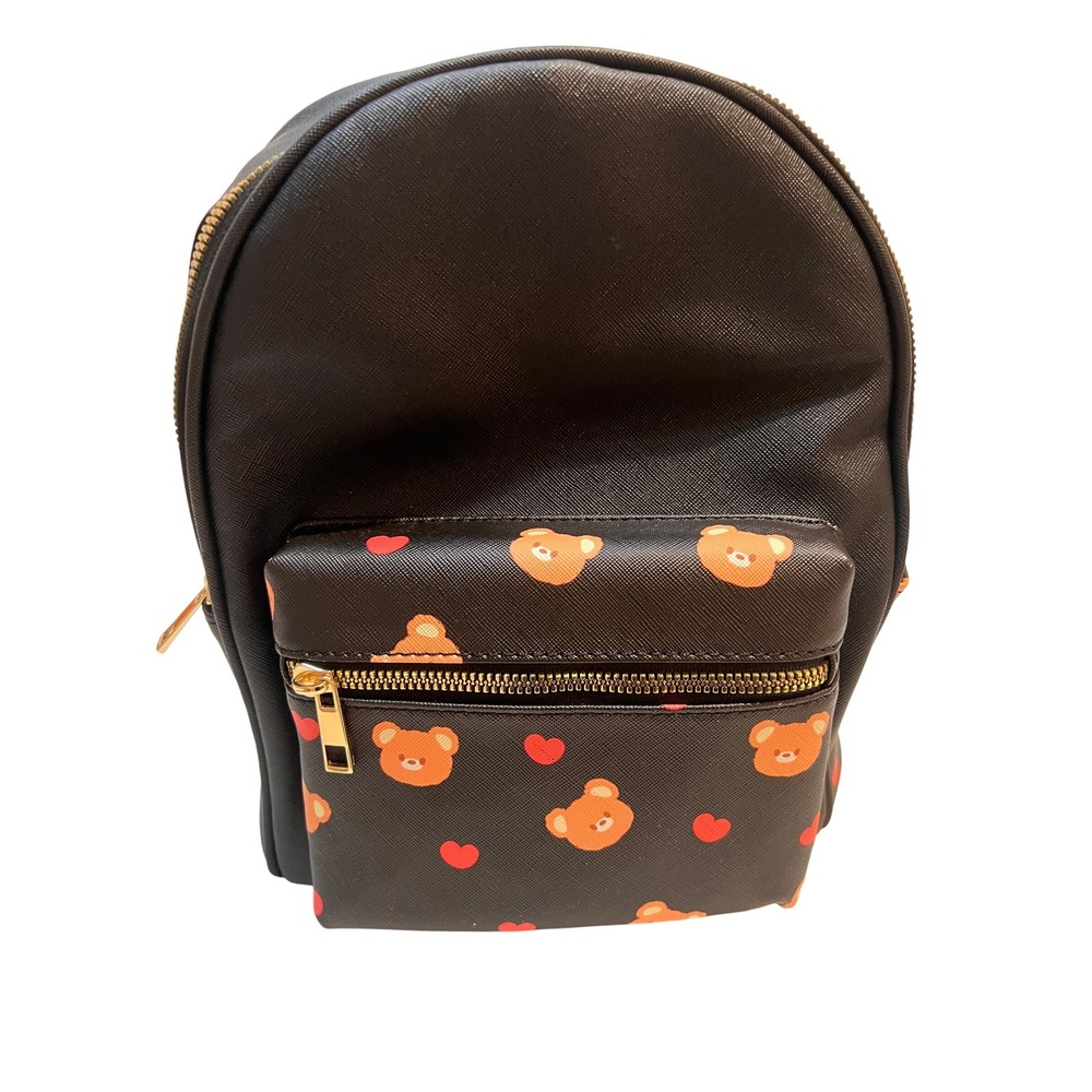 Cute Black Mini Backpack Teddy Bear Heart‎ Print Gold Zippers Pom Pom Charm